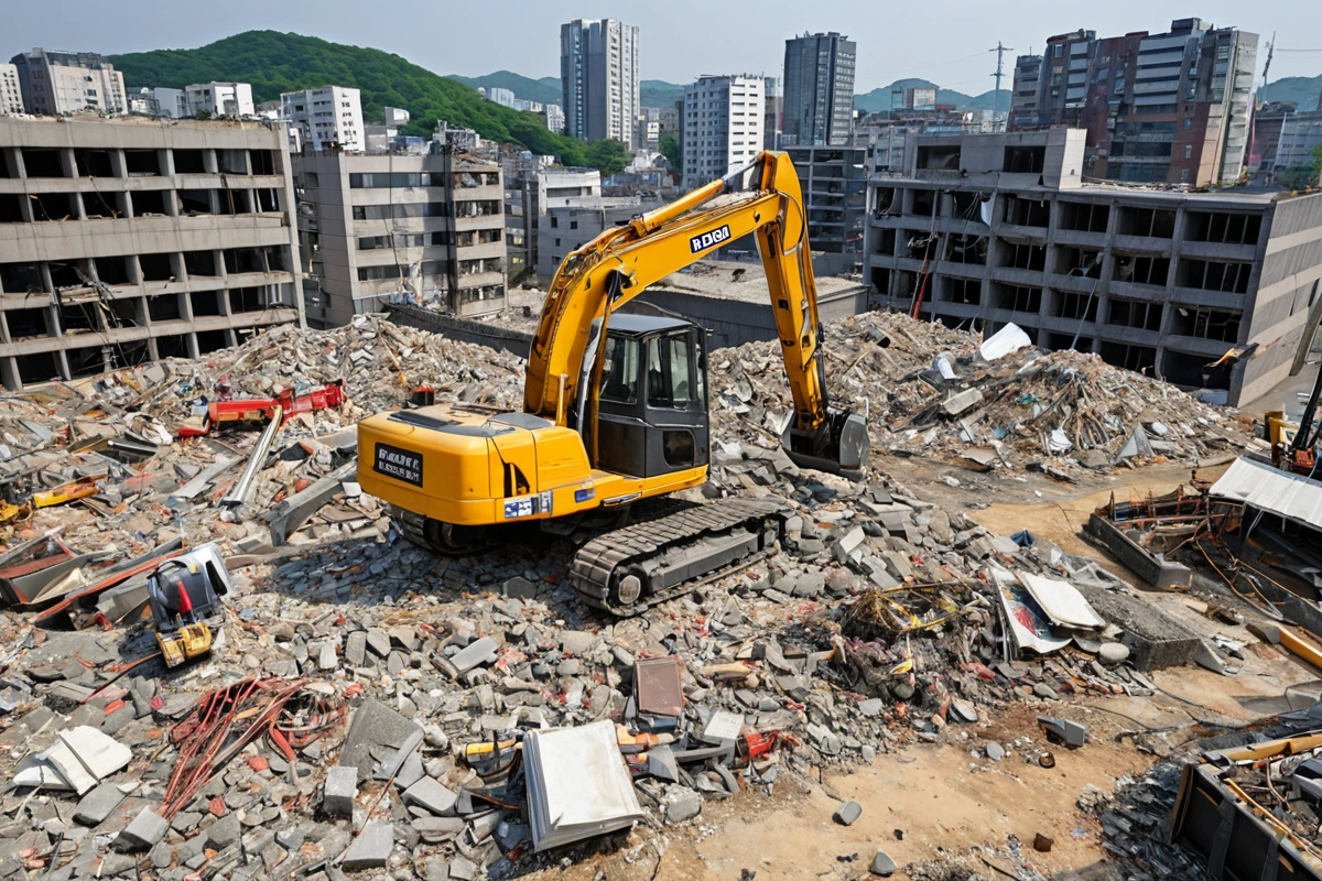 경기도 수원 오목천동의 소규모 건물 철거 현장, 100㎡ 미만 규모의 구조물이 철거 중인 모습. 철거 장비가 철저히 안전하게 고정되어 있으며, 주변에는 철거된 재료가 정리된 공간이