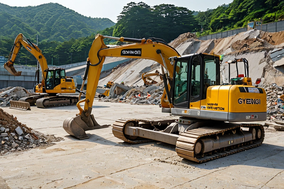 경기 지역의 전문 철거 업체가 사용하는 철거 장비와 안전 장비가 준비된 현장, 철거 작업을 위한 정비된 장비와 철거 작업을 위한 안전 표지판이 보이는 사실적인 현장 사진