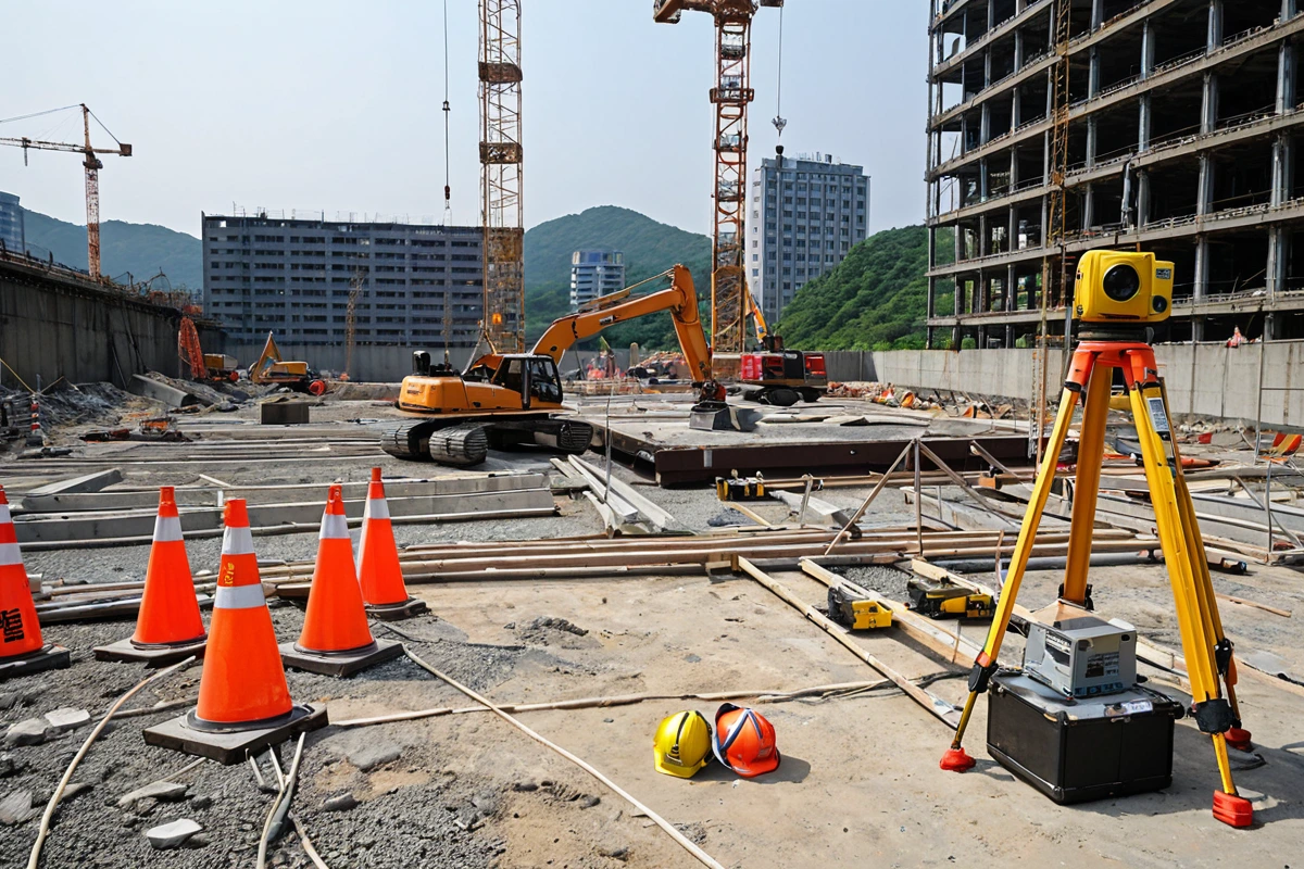 경기 지역의 주택 철거 현장에서 전문가가 구조물의 안전 상태를 점검하는 모습. 현장에는 철거 전 구조물의 상태를 확인하기 위한 측정기와 안전 장비가 놓여 있다.