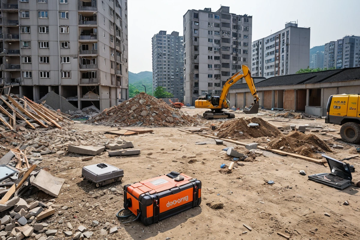 고양 덕양구 주거지역의 철거 현장, 안전 장비와 철거 도구가 정리된 공간에서 구조물 안전 점검을 위한 현장 점검 도구가 놓여 있는 사실적인 장면