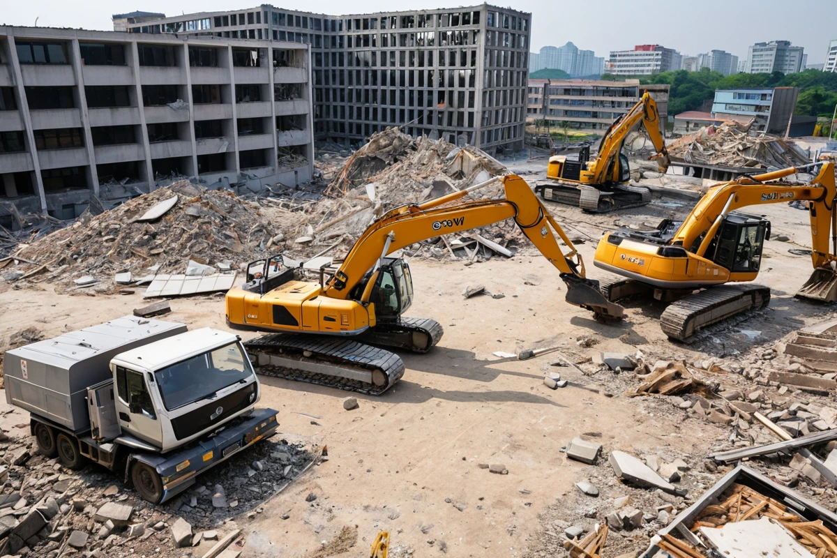 고양시의 한 사무실 철거 현장, 구조물이 안정적으로 지지된 상태로 철거 장비가 준비되어 있는 모습. 철거 전 안전 점검을 위해 검사 도구가 놓여 있는 상황.
