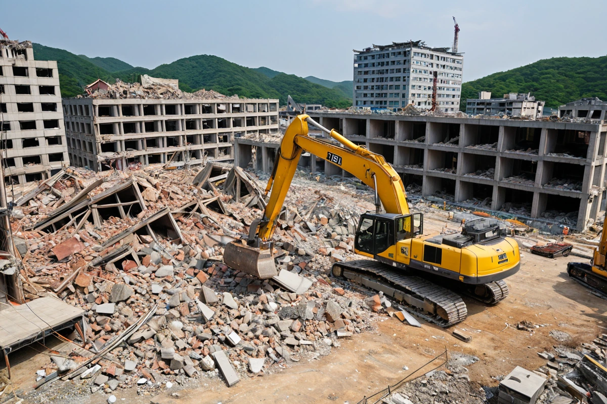 남양주 녹촌리 지역의 구조물 철거 현장에서 철거 장비가 철거 작업을 진행하는 모습. 건물 잔해와 철거 장비의 구조가 명확하게 보이는 사실적인 장면.