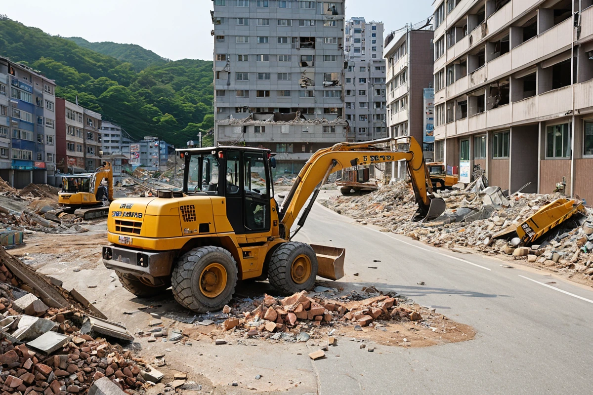 남양주 녹촌리 지역의 철거 현장 주변의 도로와 주변 건물들이 보이는 풍경. 접근성이 좋은 도로와 주변 환경이 철거 비용에 영향을 미치는 것을 보여주는 자연스러운 장면.