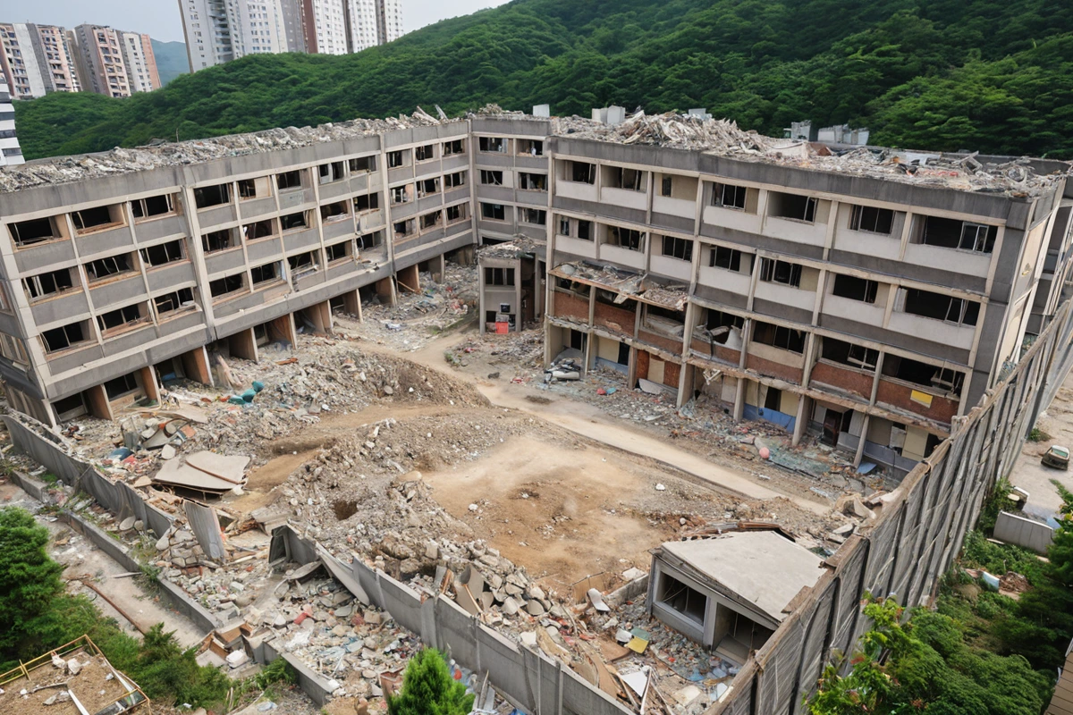 남양주 다산신도시의 단독 주택과 다세대 주택 외관이 함께 보이는 장면, 건물의 규모와 구조가 눈에 띄게 표시된 채로 철거 준비 중인 현장. 주변에는 철거 작업을 위한 경계선과 안전