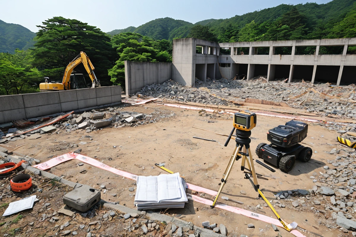 남양주 조안면의 철거 현장에서 작업자들이 철거 전 정확한 현장 조사를 위해 측정 도구를 사용하고 있는 모습. 철거 예정 건물의 구조와 주변 환경이 자연스럽게 드러나며, 철거 비용