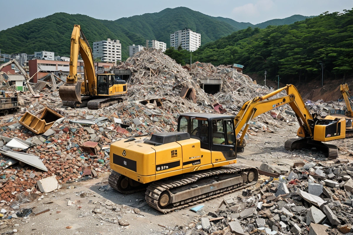남양주 지둔리에서 진행된 80평 규모 주택 철거 현장의 폐기물 처리 과정. 철거된 건물 잔해와 정리된 폐기물이 배치된 현장의 모습을 자연스럽게 보여주는 사진.