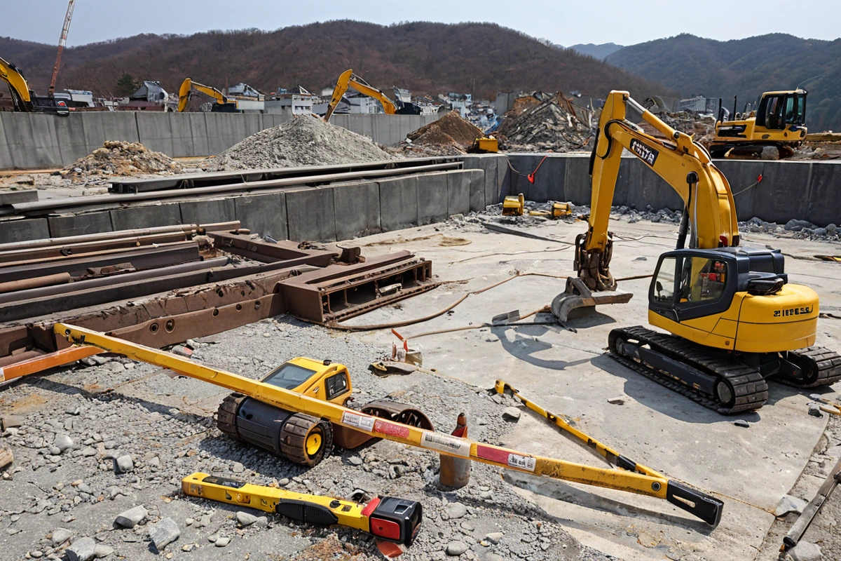 남양주 진건읍 철거 현장에서 구조적 안정성을 확인하기 위한 전문가의 점검 장면. 건물의 구조적 취약점을 파악하기 위한 측정 도구와 철거 장비가 정리된 현장.