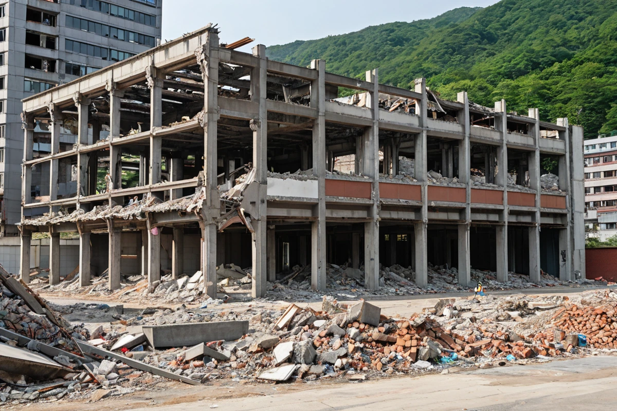 남양주 진건 지역의 철거 중인 건물 앞에 놓인 철거 비용 구조 분석 표와 함께 건물의 구조적 특징이 드러나는 철거 현장. 건물의 크기와 구조에 따라 달라지는 비용 항목이 명확히 표