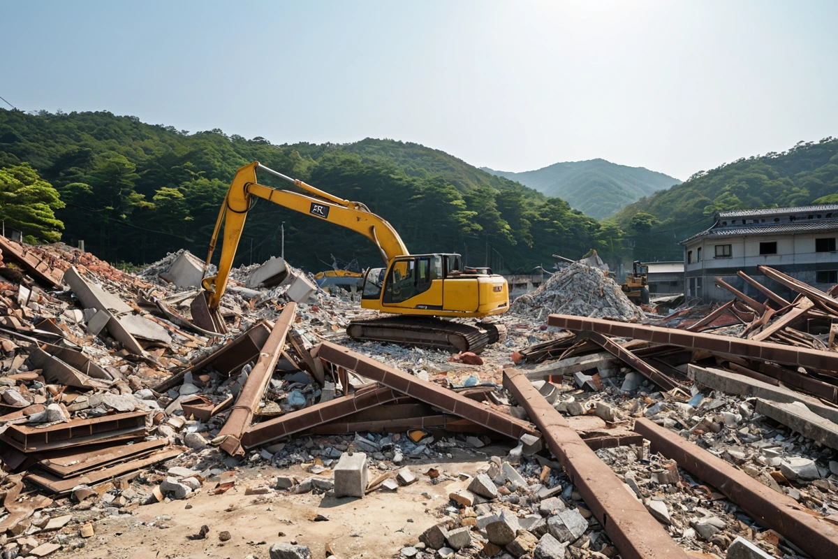 남양주 진접읍의 한 주택 철거 현장에서, 철거 중인 건물의 구조물과 철거 장비가 정돈되게 배치된 모습. 건물의 잔해가 철저히 정리된 상태에서 철거 작업이 진행 중인 평화로운 분위기