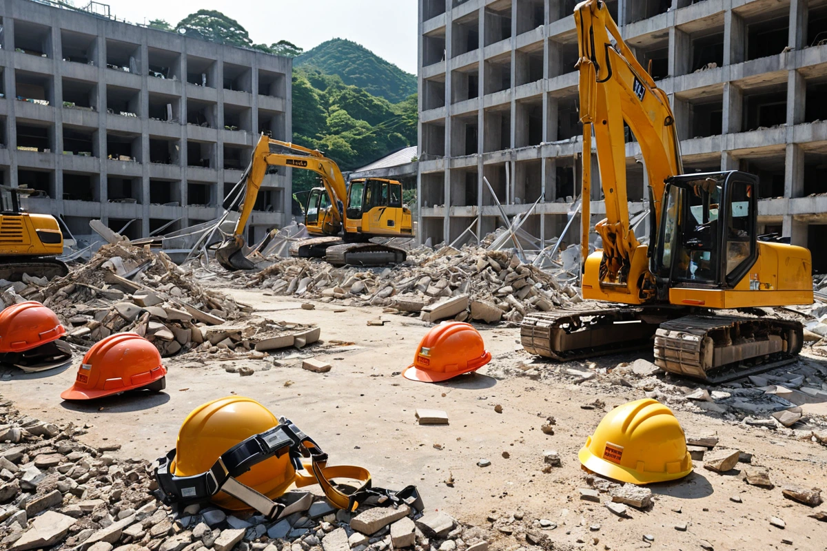 남양주 진중리 철거 현장에서 안전 기준을 충족하는 철거 장비가 정비된 모습. 철거 작업을 위해 준비된 안전 장비와 철거 작업을 위한 정리된 공간이 보이는 사실적인 장면.