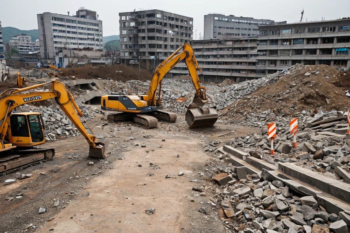 남양주 퇴계원역 주변 도시 개발 구역에서 철거 작업 중인 건물 잔해와 주변 교통 혼잡한 도로, 건설 장비가 정리된 공간