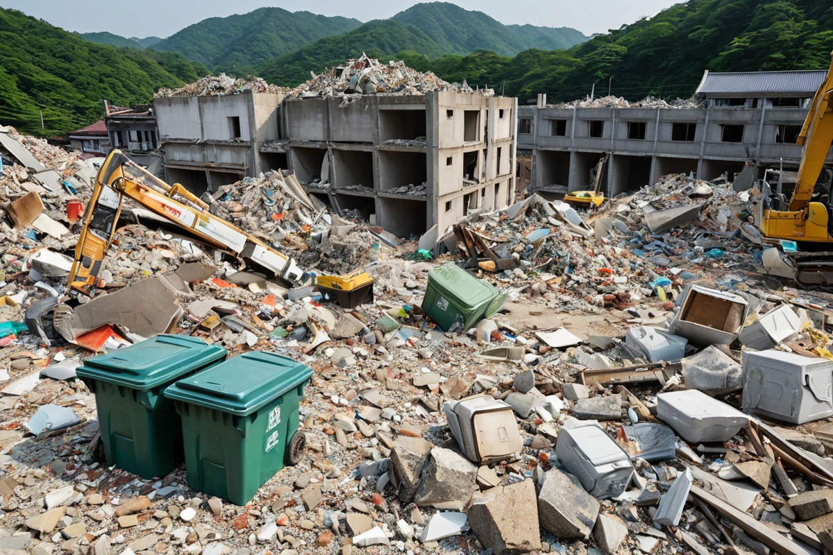 남양주 퇴계원읍의 한 주택 철거 현장에서 재활용 가능한 폐기물이 분리된 쓰레기통과 철거된 건물의 구조적 상태를 확인하는 도구가 놓인 장면. 건물 잔해 위에는 철거 전후 비교 사진이