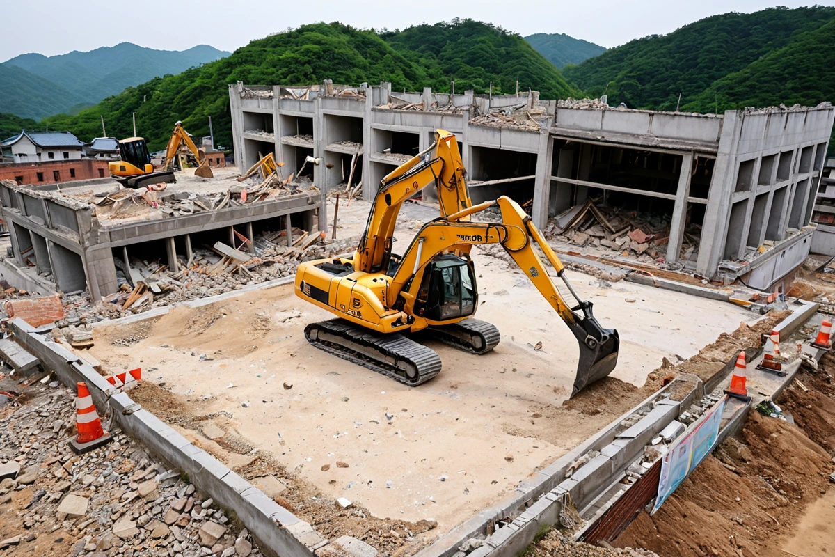 남양주 팔당리의 소규모 주택 철거 현장, 철거 중인 건물의 외부 구조와 철거 장비가 정리된 모습, 100㎡ 미만 규모의 주택 철거 비용 구조를 보여주는 간결한 표가 테이블 위에 놓