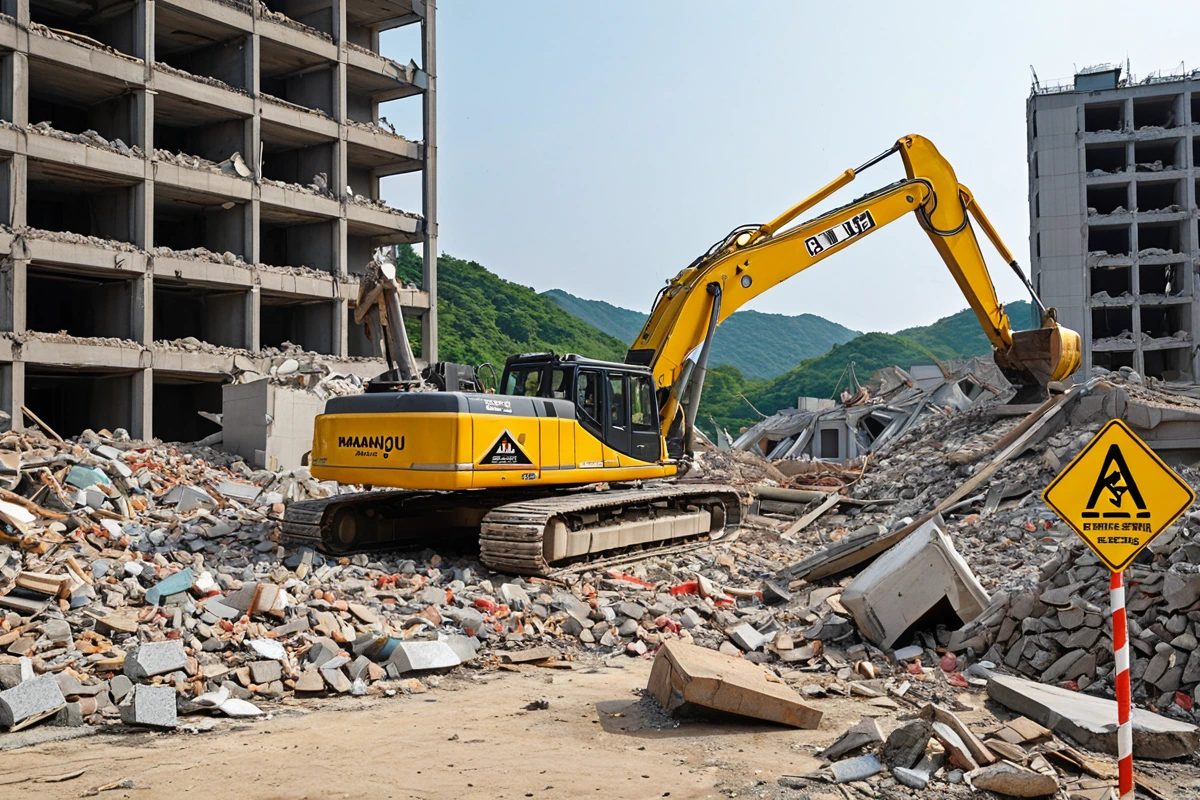 남양주 팔당리 철거 작업 현장, 철거 장비가 안전하게 고정된 상태에서 철거 중인 건물 주변에 안전 경고 표지가 잘 배치된 모습, 철거 작업 중인 건물의 구조적 안전 관리가 잘 이루