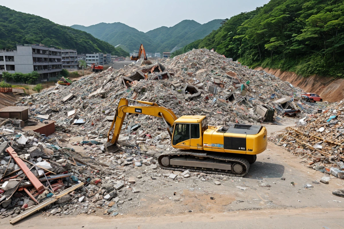남양주 팔야리 지역의 철거 현장에서, 철거된 건물 잔해와 정리된 재료들이 잘 정리된 모습. 철거 작업 후 청소된 빈 공간과 주변 도로가 보이는 자연스러운 장면.