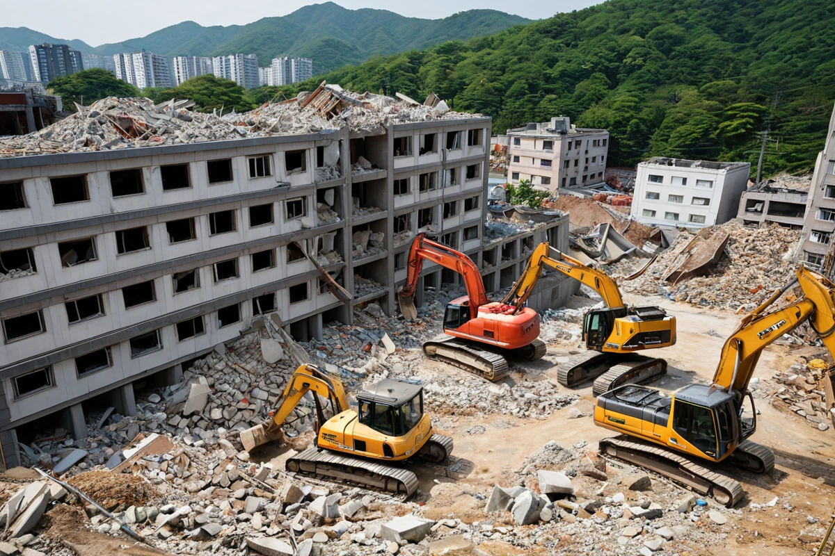 남양주 평내 지역의 3층 주택 철거 현장에서 철거 장비가 건물의 기초를 정리하는 모습. 건물 외벽에 흠집이 나고 철거 중인 구조물의 재료가 쌓여 있는 풍경.