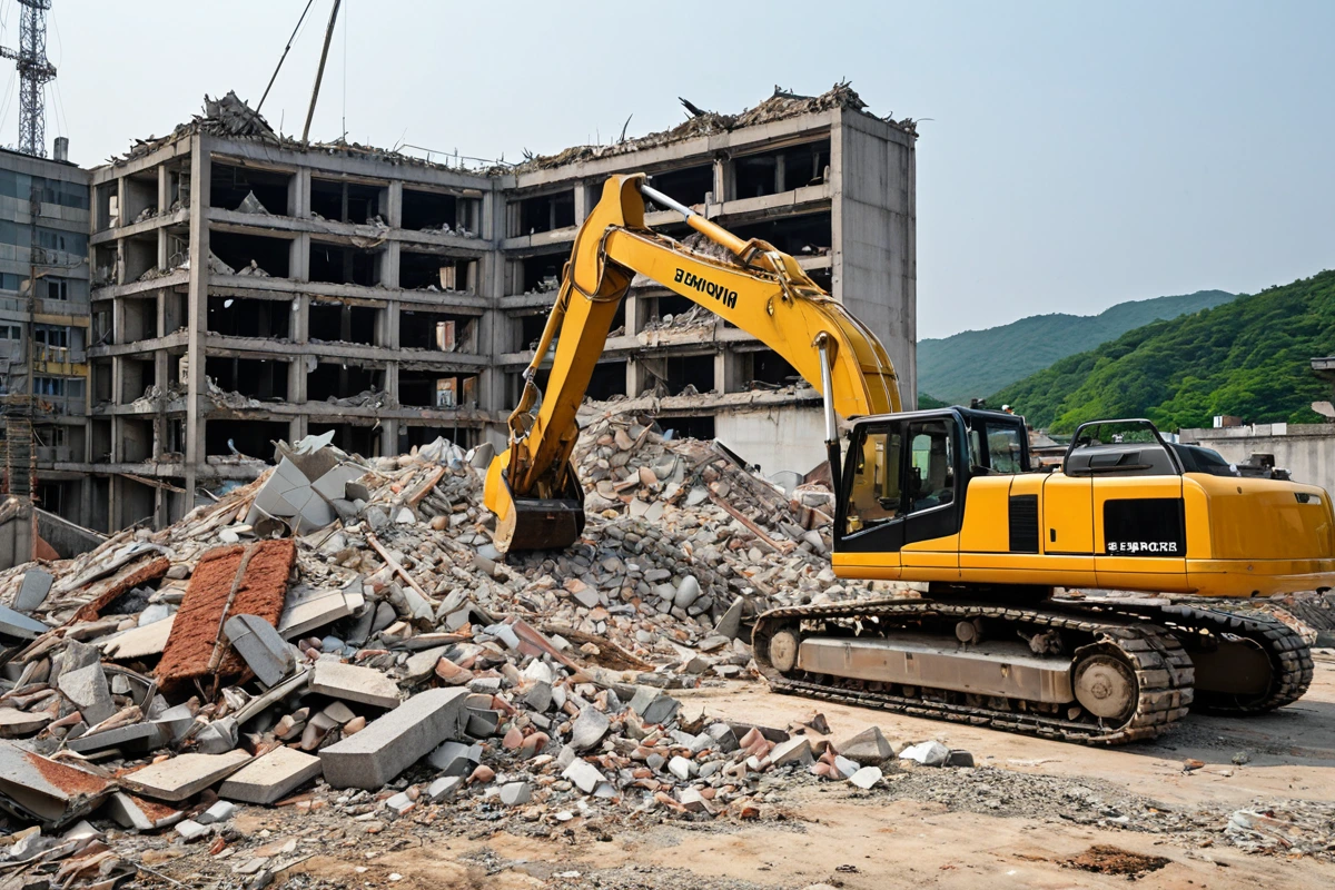 남양주 호평동의 철거 현장에서 구조물의 크기와 재료에 따라 결정되는 철거 작업 비용을 나타내는 구조물의 세부 모습과 폐기물 처리 장비가 배경에 배치된 사실적인 장면.