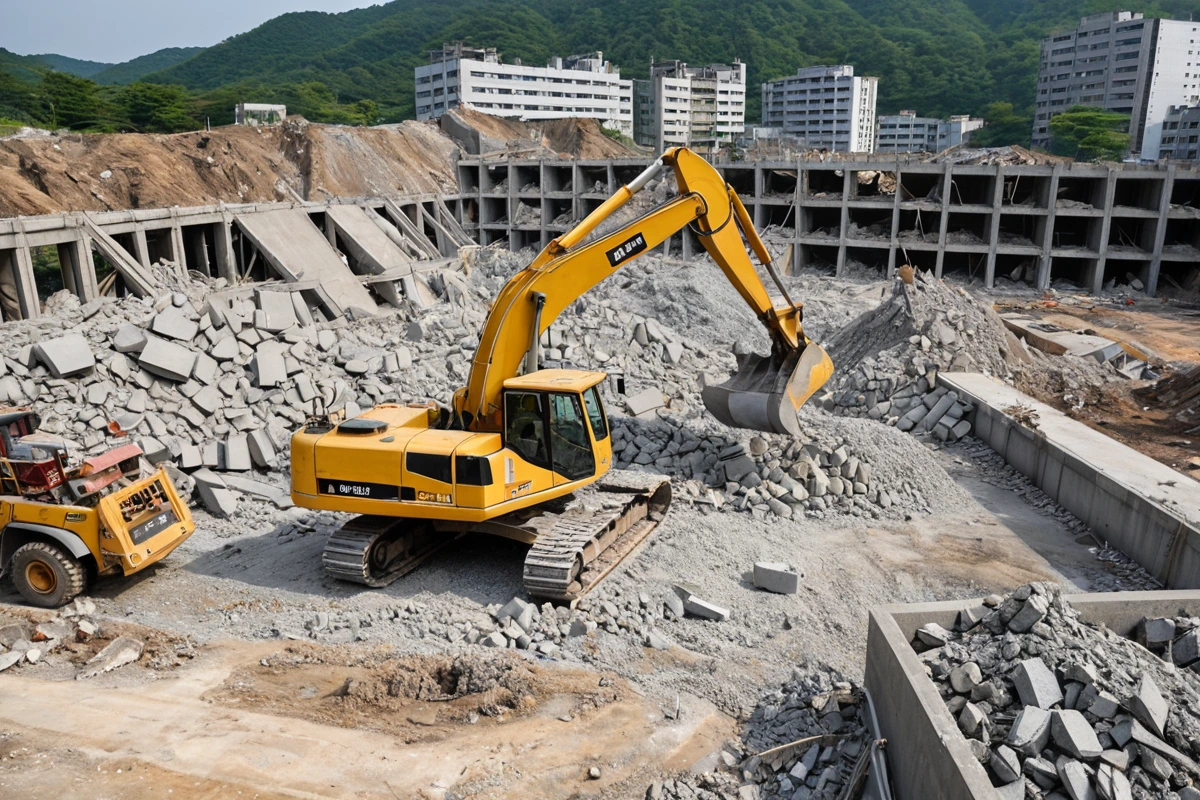 남양주 화도읍의 대형 콘크리트 건물 철거 현장, 철거 작업 중인 거대한 장비가 콘크리트 잔해를 처리하는 모습, 건물의 철골 구조가 드러난 채로 철거 중인 장면