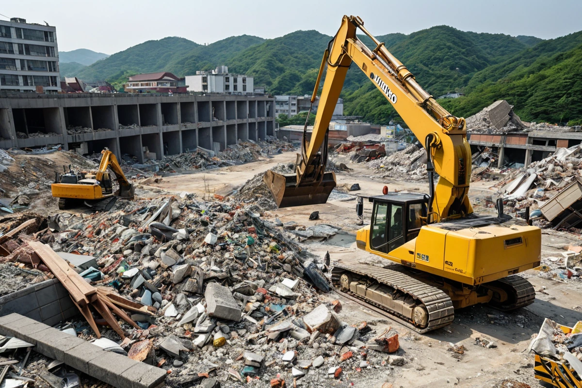 남양주 화도 지역의 철거 현장에서 구조물 철거 과정을 보여주는 사진. 철거 중인 건물의 구조와 철거 장비가 정확히 보이며, 폐기물 처리를 위한 분리된 공간이 배경에 보입니다.