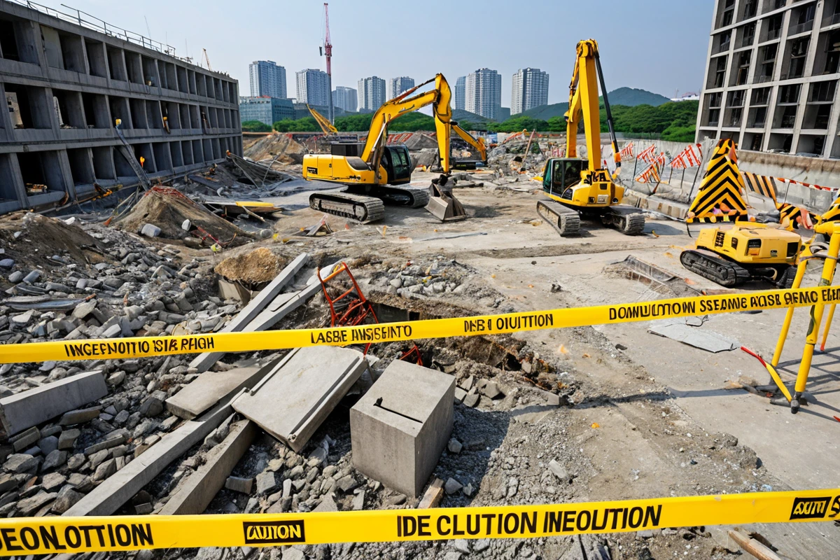 수원 고등동에서 진행되는 텍스 철거 작업 현장의 안전 점검 장면, 구조물의 안정성을 확인하는 전문 장비와 철거 작업 중 안전을 위한 경계선이 설치된 철거 현장의 실물 이미지