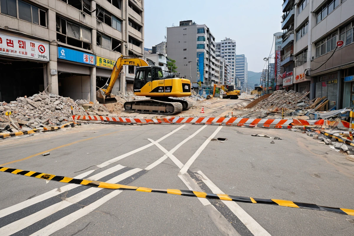 수원 고등동 주변 건물과 도로를 배경으로, 철거 작업 중인 장소 주변의 안전 경계선과 주민 안전을 위한 경고 표지가 설치된 모습. 주변 시설과의 거리감을 보여주는 철거 작업 준비