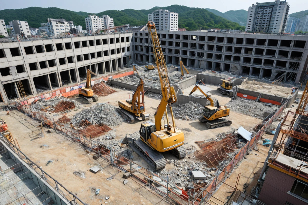 수원 고등동 학원 철거, 안전 절차와 비용 절감 실전 가이드, 비용 절감 전략 관련 실제 현장을 담은 사실적인 사진, 사람(인물)이 전혀 등장하지 않게 합니다. 손·팔·뒷모습 등