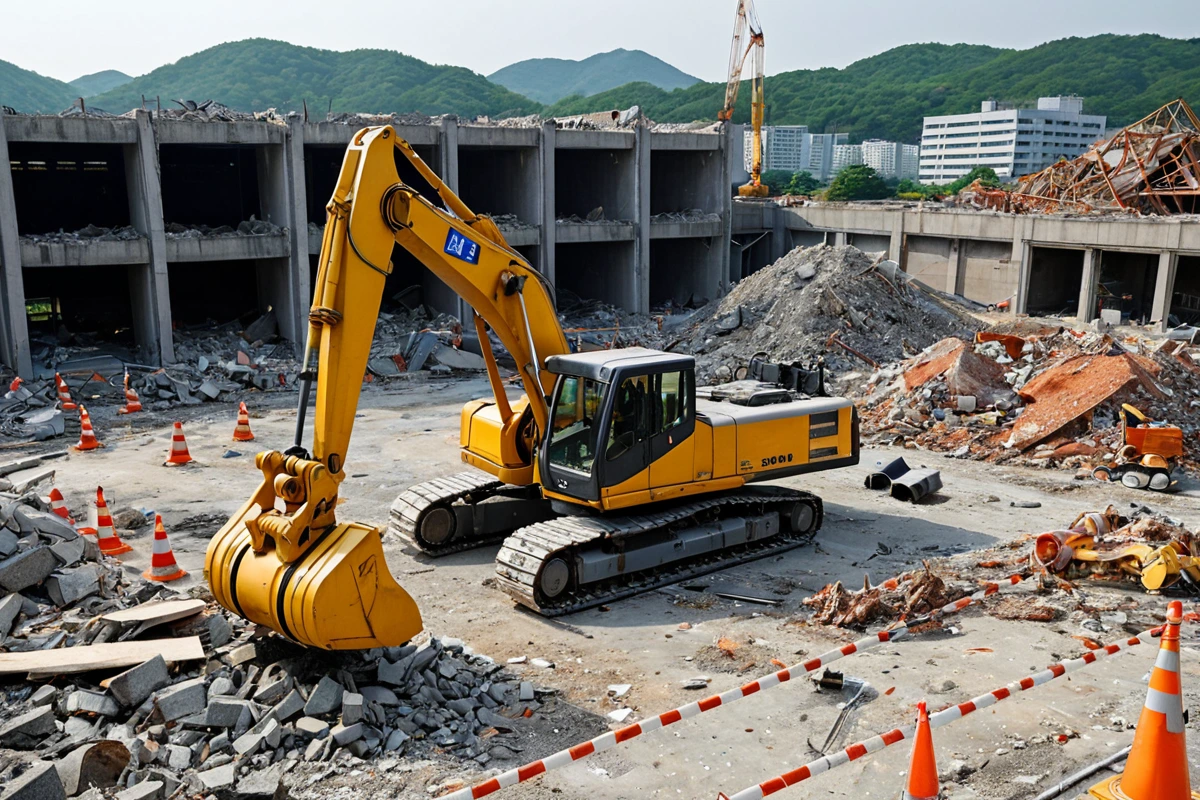 수원 고등동 학원 철거, 안전 절차와 비용 절감 실전 가이드, 철거 시 주의사항 관련 실제 현장을 담은 사실적인 사진, 사람(인물)이 전혀 등장하지 않게 합니다. 손·팔·뒷모습 등