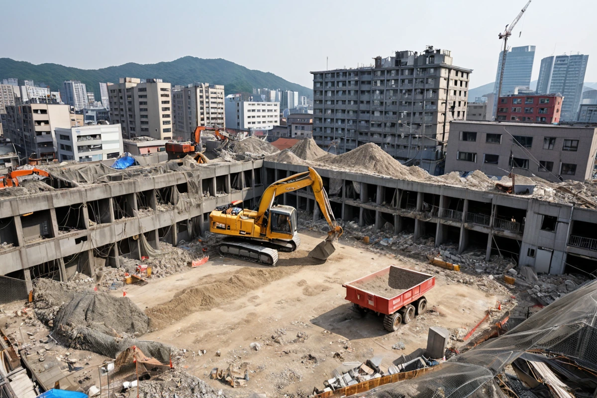 수원 고등동 학원 철거 현장 주변에서 주민 안전을 고려해 먼지와 소음을 방지하기 위한 철거 공정을 보여주는 장면, 철거 중인 건물 주변에 먼지 차단용 방진막이 설치된 모습