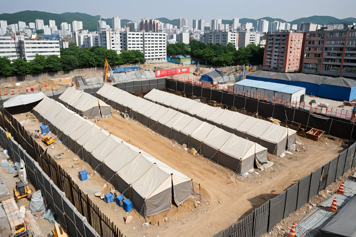 수원 고색동 사무실 철거 현장 주변에 설치된 소음 차단 천막과 먼지 방지 펜스가 철저히 설치된 모습. 주변 건물과 보행자 접근을 차단하는 철저한 안전 조치가 이루어진 철거 현장의 