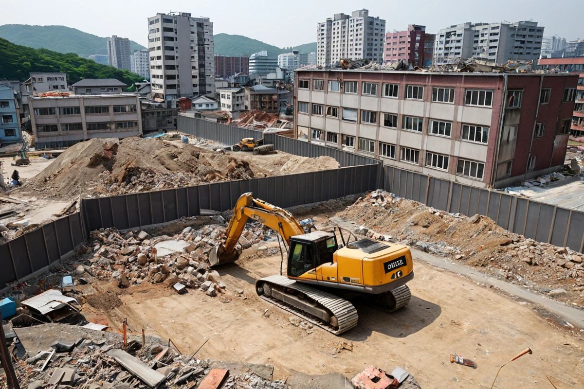 수원 고색동의 노후화된 상업용 건물 철거 현장, 철거 작업 중인 장비가 주변 주거지와의 거리가 가까운 상황을 고려해 소음과 진동을 최소화하기 위해 정확한 위치에 배치된 모습. 건물