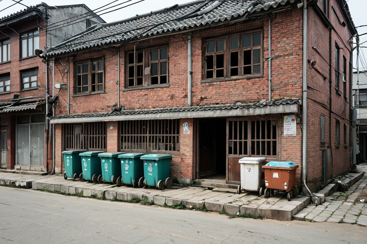수원 고색동의 오래된 카페 건물 외부, 철거 작업을 위한 철재 구조물이 설치된 상태. 건물의 창문과 문은 닫혀 있고, 주변에 폐기물 분리 수거를 위한 컨테이너가 배치되어 있습니다.