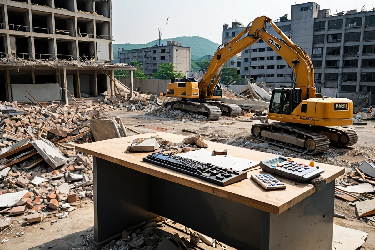 수원 고색동의 철거 현장에서 철거 면적과 구조물의 복잡성을 반영한 정확한 비용 체계를 보여주는 표와 계산기, 철거 장비가 정리된 작업 공간. 건물 잔해와 철거 도구가 배경에 자연스