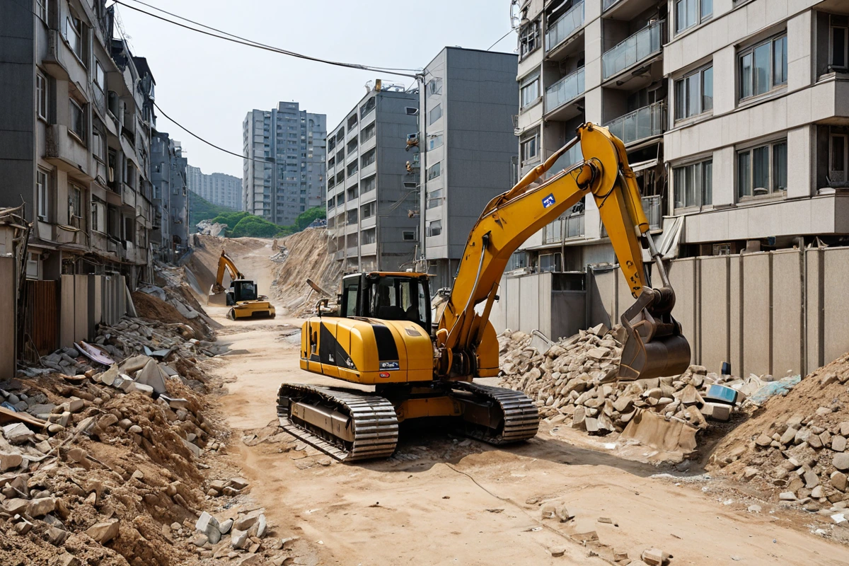 수원 고색동 주변의 주거 지역에서 철거 작업 중인 철거 장비가 소음과 먼지를 최소화하기 위해 철저히 차단된 모습. 주변 주민들이 거리에서 편안하게 이동할 수 있도록 철거 작업이 차