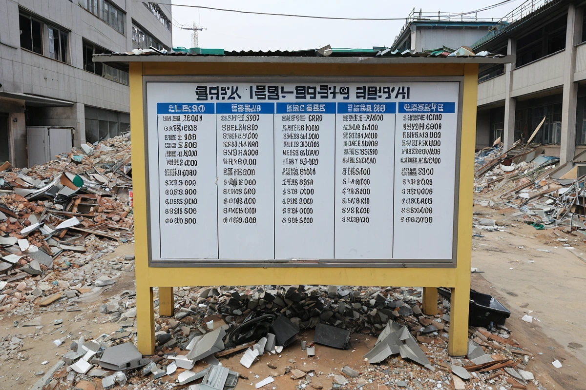 수원 고색동 학원 철거 현장에서 인건비, 장비 대여비, 폐기물 처리비를 명확히 표시한 가격표가 테이블 위에 놓여 있는 모습. 철거 중인 학원 건물의 외부와 내부 구조가 보이는 자연