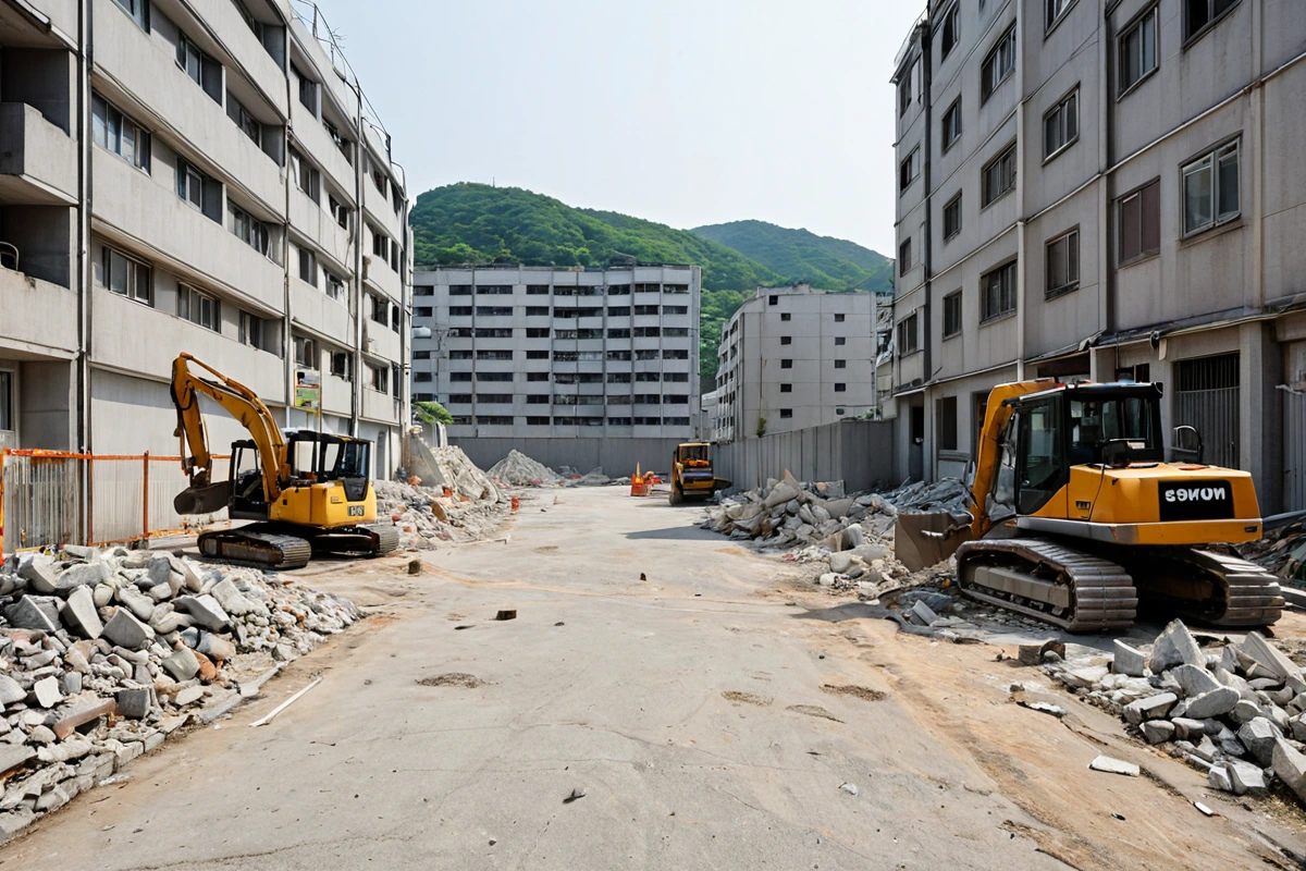 수원 곡반정동 도심 내 카페 철거 현장 주변의 조용한 도로와 주변 건물. 철거 작업 시간 조정을 고려한 소음 방지 조치가 적용된 철거 현장의 외부 모습.