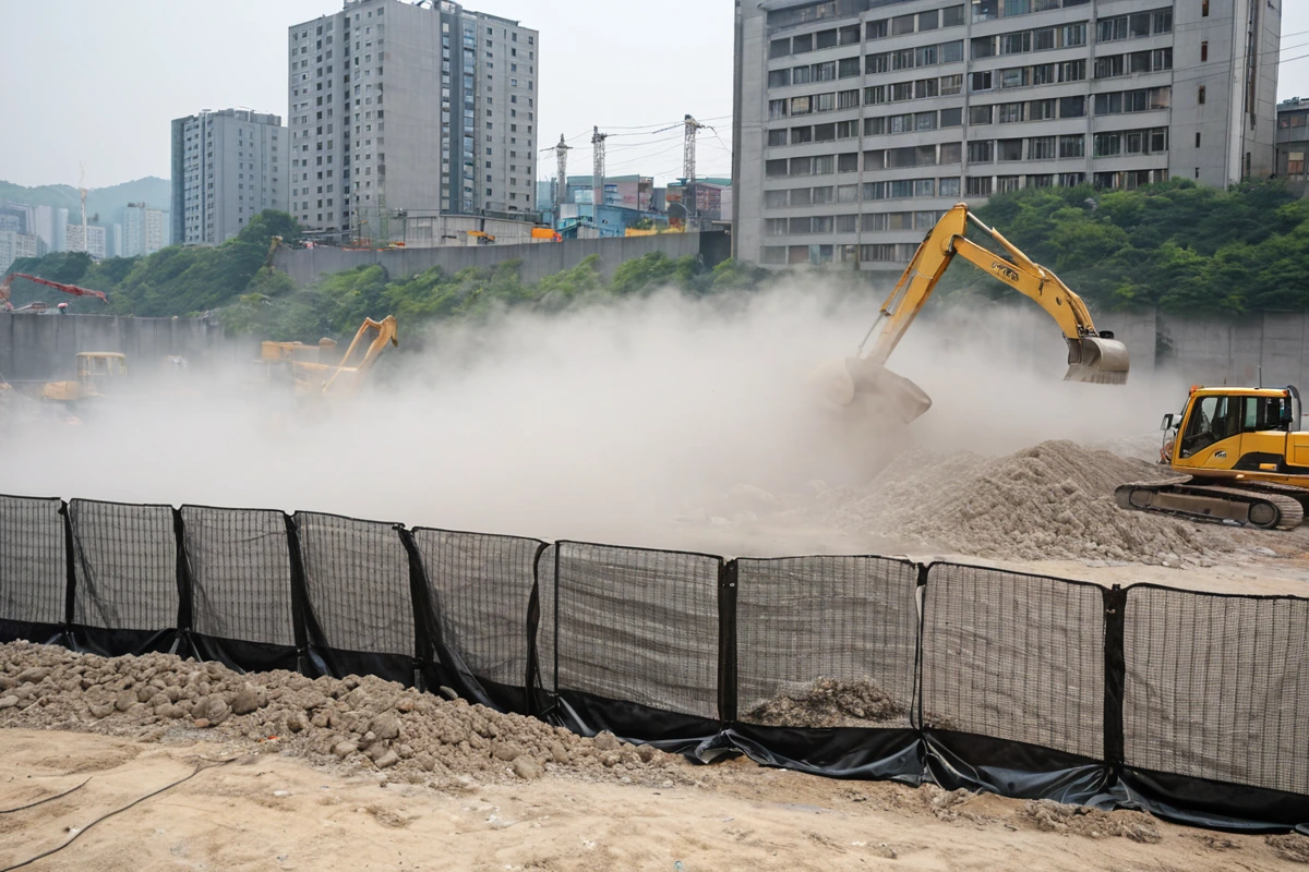 수원 곡반정동 사무실 철거 현장에서 주변 건물과 시민의 안전을 고려한 현장 분리 작업 장면. 철거 작업 중 먼지와 소음을 최소화하기 위한 현장 분리 작업을 보여주는 장면. 철거 작