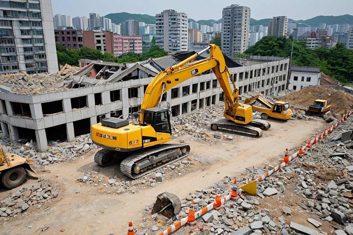 수원 곡반정동 인근 건물과 도로를 배경으로 한 철거 현장에서, 안전 점검을 위한 정밀한 장비가 철거 구조물 주변에 설치되어 있는 모습. 구조물의 안정성을 확인하는 장비가 정확히 위