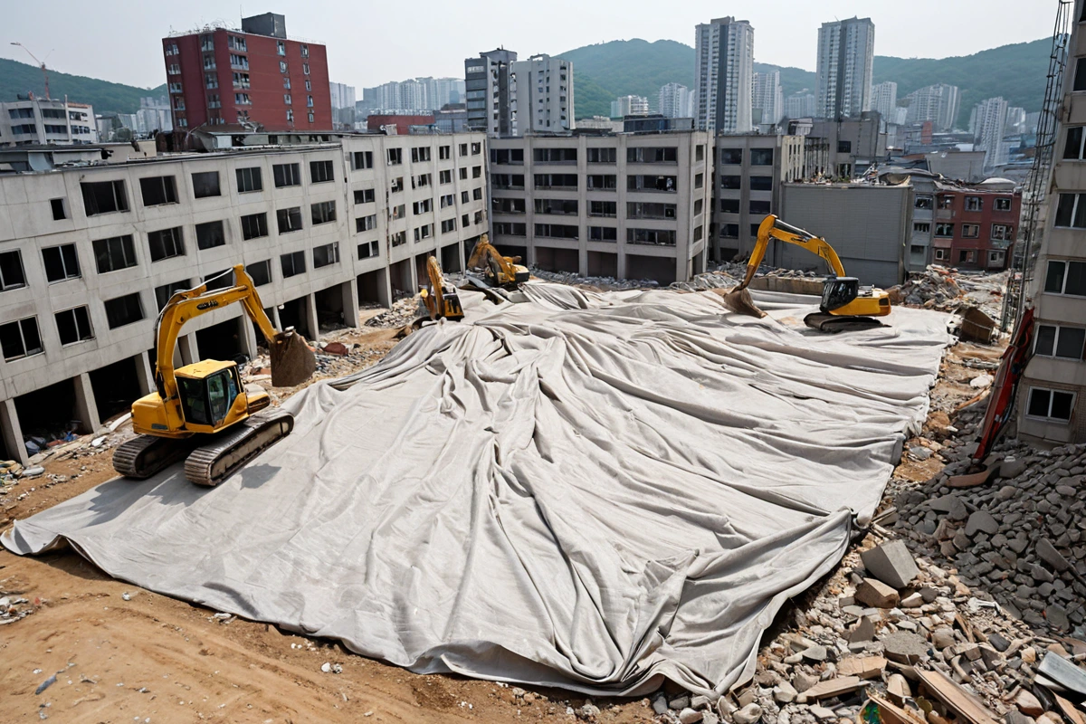 수원 곡반정동 주거와 상업이 혼재된 지역의 철거 현장, 소음과 먼지를 방지하기 위한 특수 방진 천과 소음 차단 장비가 설치된 철거 작업 중인 장면, 주변 건물과의 거리가 적절하게