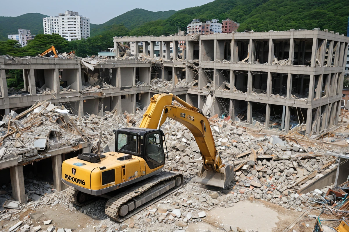 수원 곡반정동 학원 철거 현장에서 철거 장비가 철거 중인 모습, 철거된 건물 잔해와 함께 200~300평 규모의 건물 틀이 드러난 공간