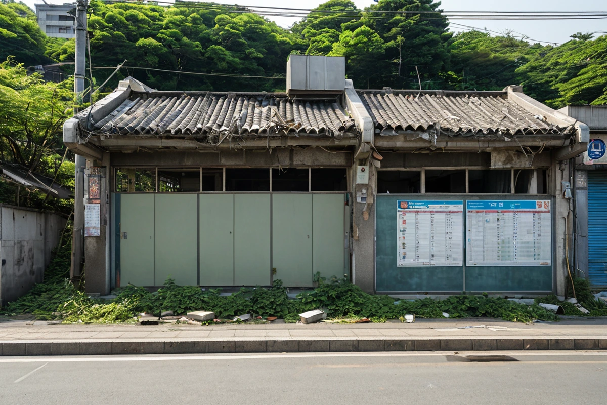 수원 광교동 주거 지역 인근의 노후 피시방 철거 현장. 철거 전 안전 점검을 위해 설치된 경고 표지와 안전 울타리가 보이고, 주변 상가와의 협의를 위해 마련된 일정 표시판이 눈에