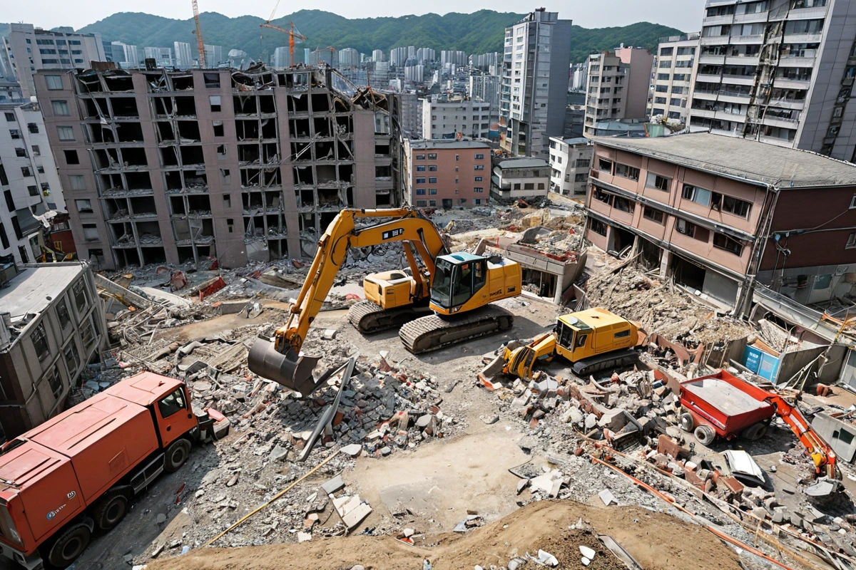 수원 광교역 인근에 위치한 3층 주택 철거 현장. 수동 철거를 위해 정밀하게 분해된 구조물과 철거 장비가 조화롭게 배치되어 있으며, 주변 건물과의 거리가 안전한 모습을 보여줍니다.