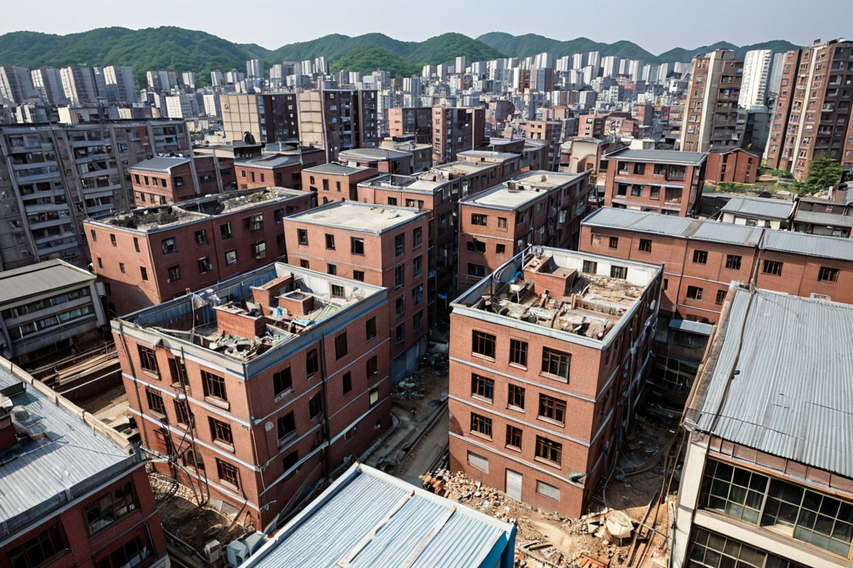 수원 구운동 주거 밀집지역의 가벽 철거 전 구조 분석을 위한 현장, 구조물에 붙은 분석 도구와 주변 건물의 안정성을 확인하는 장비가 배경에 위치한 상황