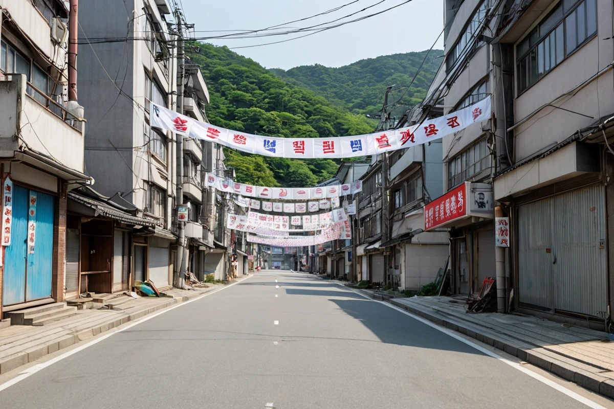 수원 구운동 지역의 철거 작업 전 주민 통지 현장. 철거 작업 전 주민들의 불편을 최소화하기 위해 설치된 안내 현수막과 주변 건물이 조화롭게 배경에 담겨 있다.