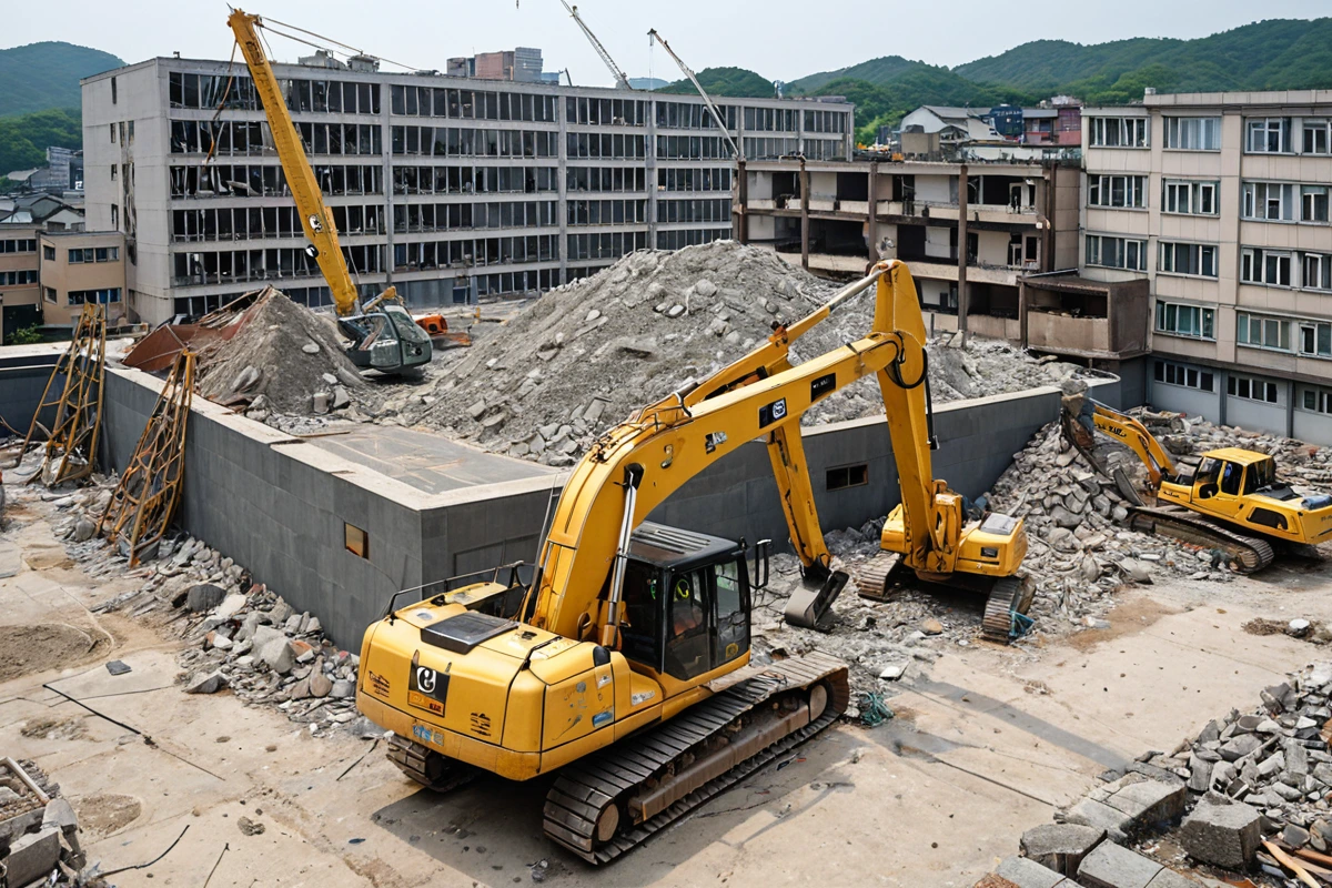 수원 구운동 지역의 학원 건물 철거 전 현장, 넓은 면적의 구조물과 철거 장비가 준비된 모습, 건물 외부에 철거 작업을 위한 안전망이 설치된 상황