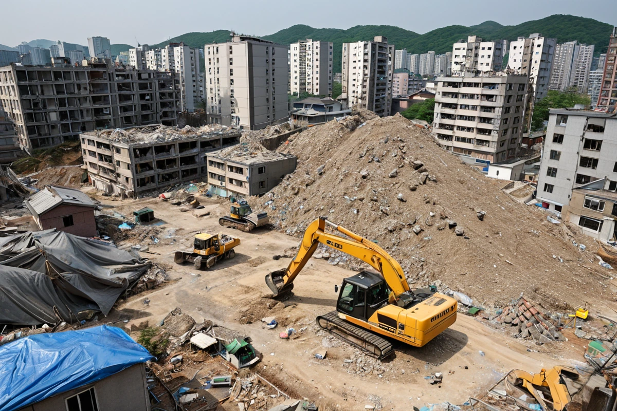 수원 권선동 주거지역의 철거 작업 현장에서 주민들이 걱정스러운 표정을 보이지 않도록 철거 작업이 조용하게 진행되고 있는 모습. 철거 장비가 철저히 덮여 소음과 먼지가 최소화된 상태