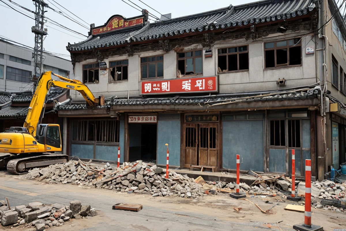 수원 권선동 지역의 오래된 식당 철거 현장에서 천장 구조를 정밀하게 점검하는 모습. 철거 전 건축물 상태를 확인하기 위해 사용되는 측정 도구와 구조적 안정성을 분석하는 장비가 배경