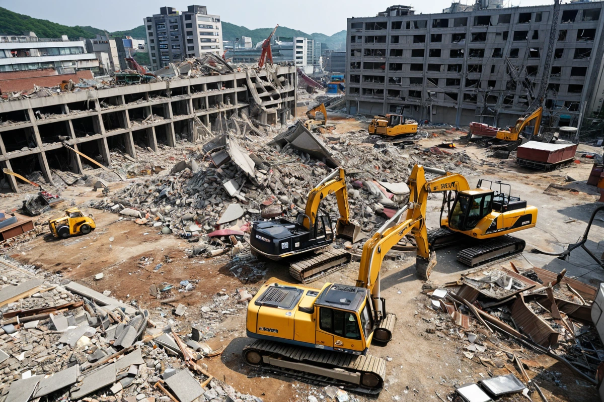수원 권선동 카페 철거 현장에서 구조물의 크기와 복잡도를 고려한 철거 작업 중인 모습, 철거 장비가 정리된 배경과 철거된 잔해가 놓인 공간이 자연스럽게 보이는 장면