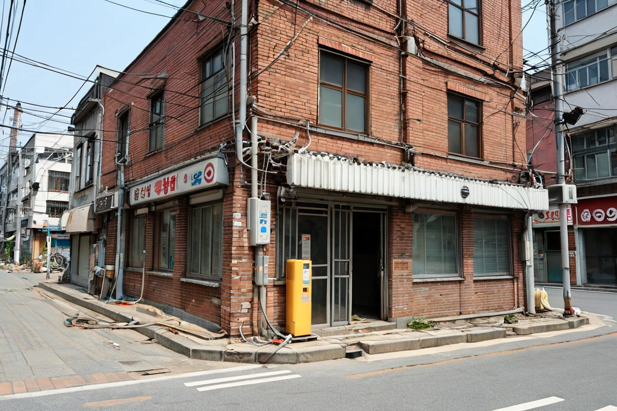 수원 금곡동 오래된 카페 건물 철거 전 안전 점검 현장. 구조물의 안정성을 확인하는 테스트 장비가 설치되어 있고, 전기 및 가스 시스템 분리 작업이 진행 중인 모습.