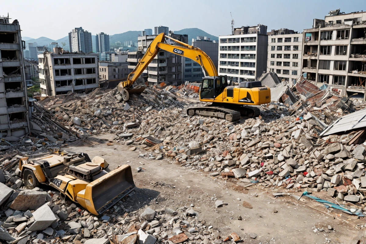 수원 당수동의 주거 지역에서 철거 작업 중인 철거 장비와 철거된 건물 잔해가 잘 정리된 모습. 철거 장비의 브랜드 로고가 보이지 않는 철거 현장의 평화로운 분위기.