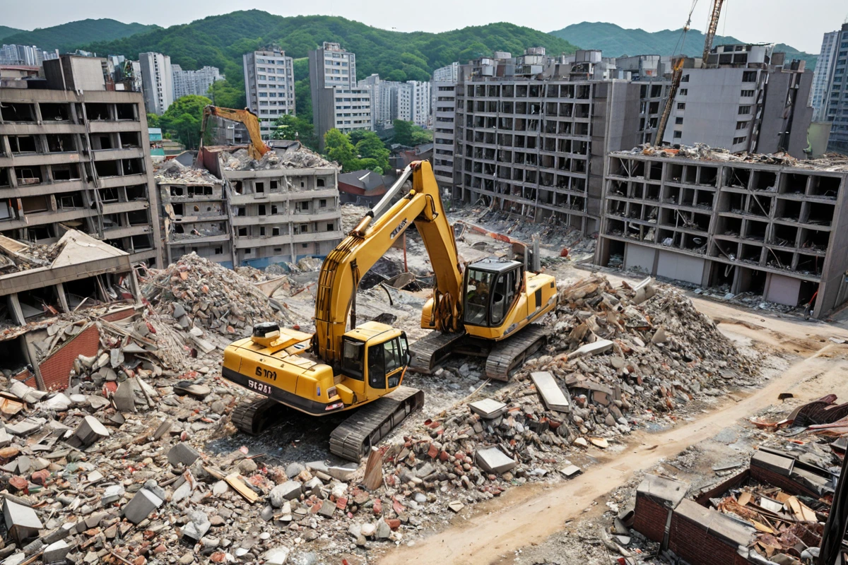 수원 당수동의 주택 철거 현장에서 철거 작업 중인 크레인과 정리된 철거 현장, 철거된 구조물의 잔해가 깔끔하게 정리된 모습. 철거 면적 1평당 비용을 나타내는 표시물 없이 자연스러